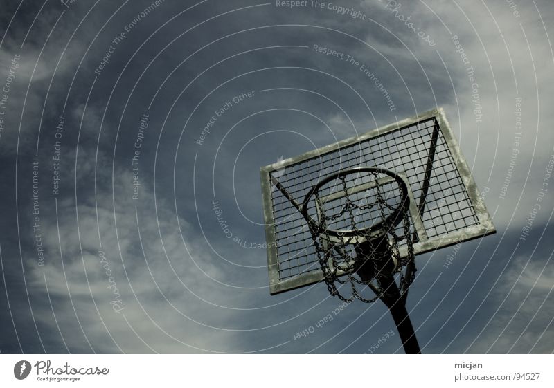Play! Basketball basket Grating Steel Iron Rod Ball sports Hang 3 Endurance Sports Rectangle Clouds Gray Green Unused Places Dark Dirty Grunge