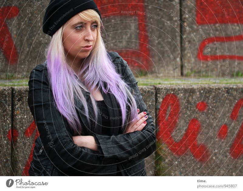 Lilly Feminine Young woman Youth (Young adults) 1 Human being Wall (barrier) Wall (building) Jacket Piercing Cap Blonde Long-haired Punk Characters Graffiti