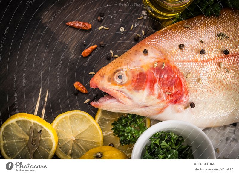 Rainbow trout raw with lemon, oil and spices Food Fish Fruit Herbs and spices Nutrition Banquet Nature Soft Design Background picture Trout Preparation Lemon