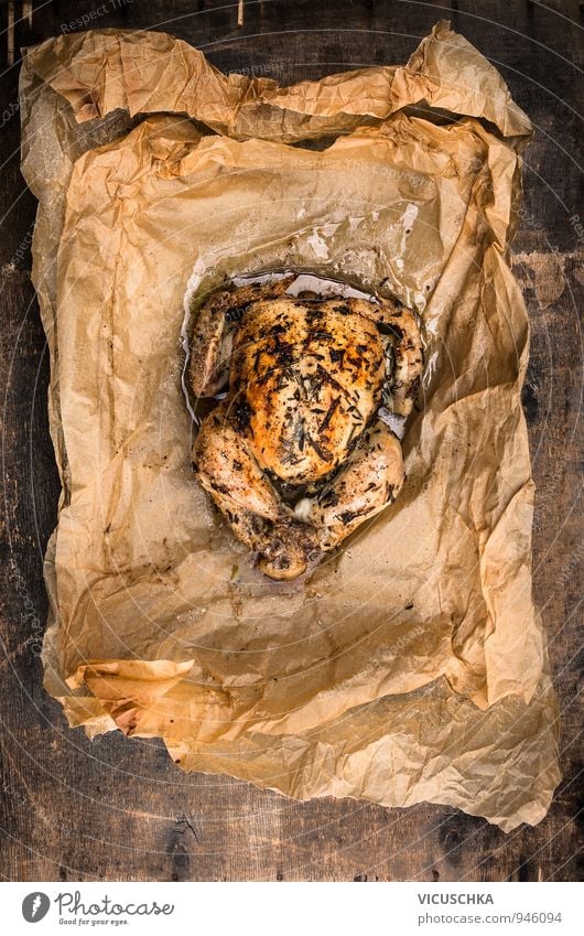 Baked whole chicken with rosemary in baking paper Food Meat Herbs and spices Cooking oil Nutrition Lunch Dinner Banquet Organic produce Diet Style Thanksgiving
