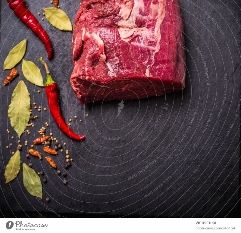 Raw beef fillet with spices on black slate Food Meat Herbs and spices Nutrition Dinner Banquet Organic produce Diet Lifestyle Design Healthy Eating