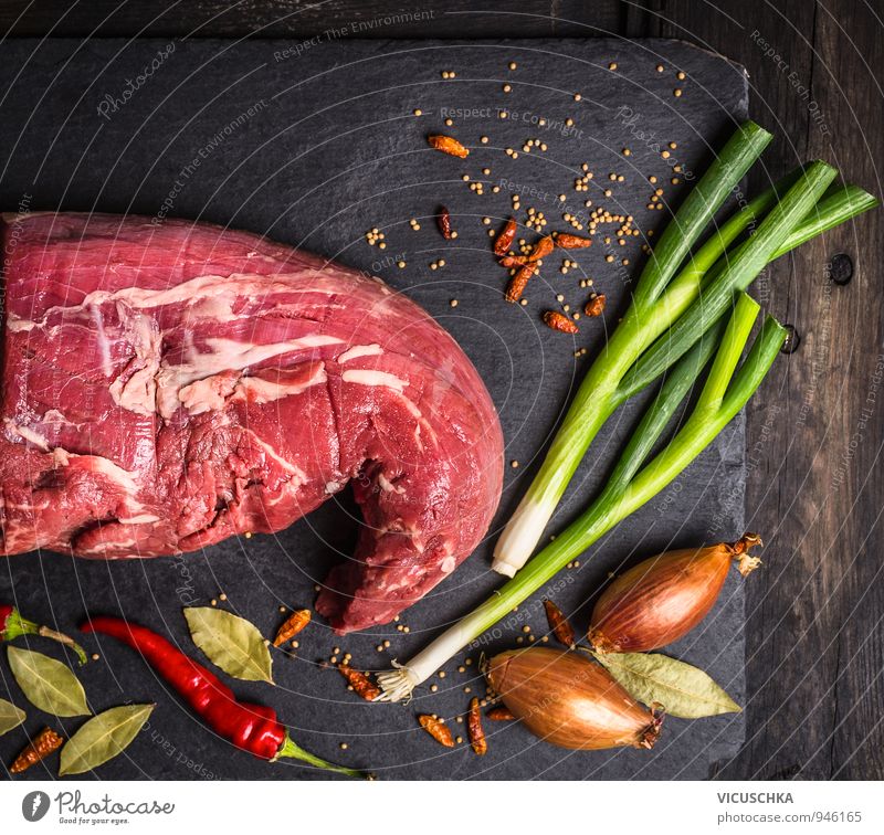 raw beef with herbs and spices on slate Food Meat Vegetable Herbs and spices Nutrition Banquet Organic produce Diet Summer Restaurant Barbecue (apparatus) Retro