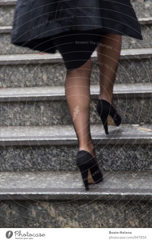 Rapid ascent Elegant Style Woman Adults Legs Stairs Stockings Fishnet stockings High heels Running Movement Walking Jump Esthetic Beautiful Black Self-confident