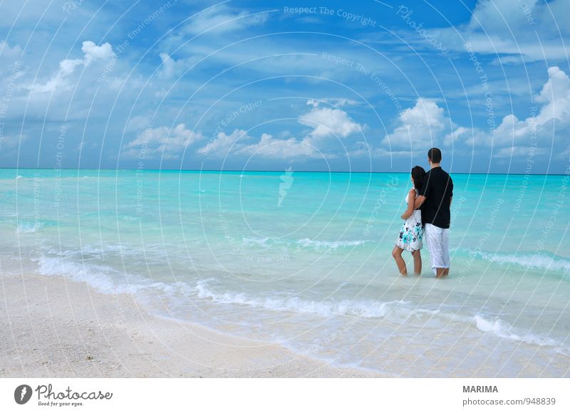 Couple standing in the sea, Maldives Relaxation Calm Vacation & Travel Tourism Summer Sun Beach Ocean Island Waves Human being Woman Adults Man Partner Nature