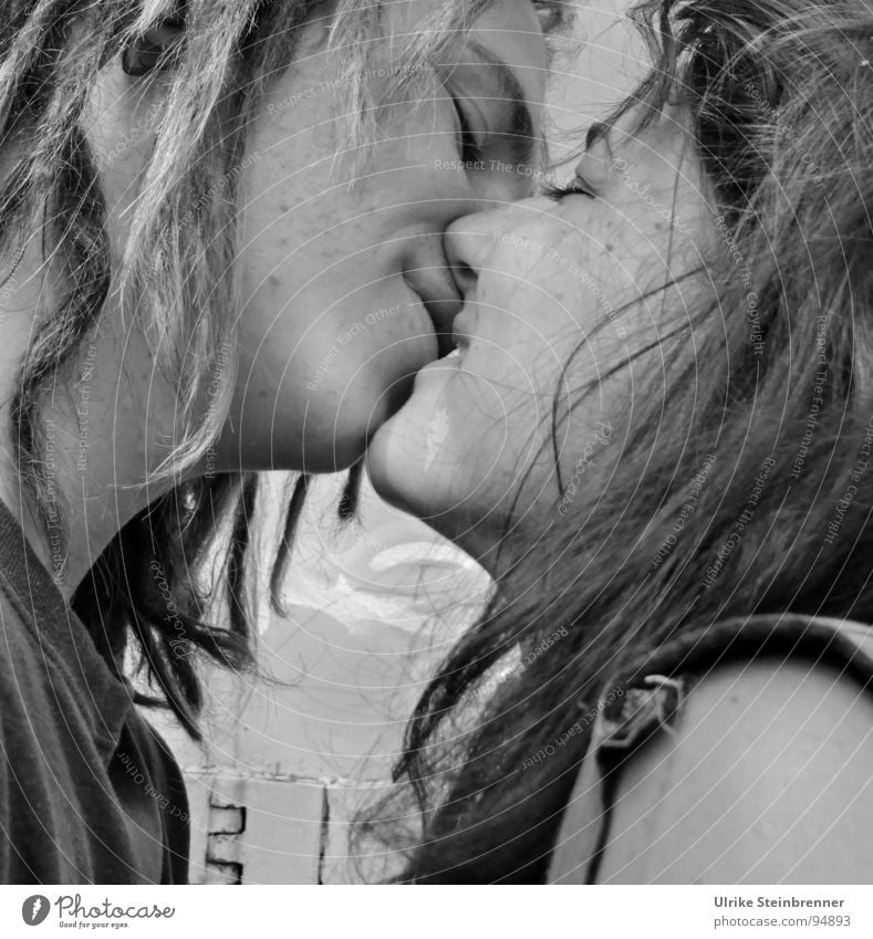 Tender kiss from young couple Happy Hair and hairstyles Skin Face Flirt Human being Masculine Feminine Young woman Youth (Young adults) Young man Woman Adults