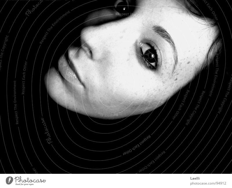 submerge Woman Cheek Freckles Longing Grief Dark Dream Black & white photo Youth (Young adults) Eyes Nose Mouth Looking Lips View into the distance Sadness