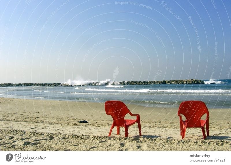 chillout at the sea Ocean Vacation & Travel Relaxation Waves Beach Airplane Red Armchair Hissing Summer club holidays flat-rate big wave Sand Statue