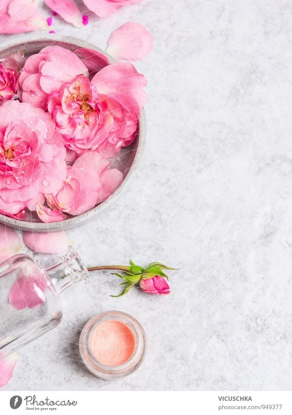 Roses in grey bowl with water and cream Style Design Beautiful Personal hygiene Skin Face Cosmetics Perfume Cream Make-up Wellness Life Well-being Fragrance Spa