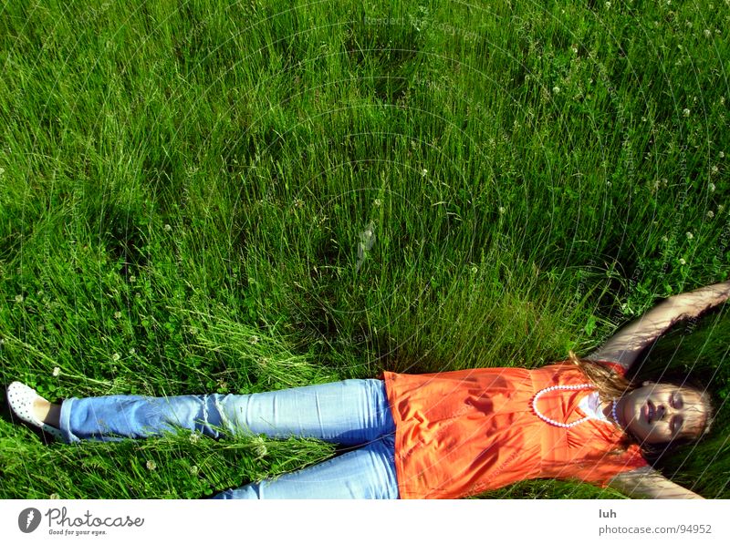 With you chill'n. Meadow Green Grass Multicoloured Girl Style Relaxation To enjoy Summer Child Youth (Young adults) Jump Spring Bum around Lawn colorful Lie