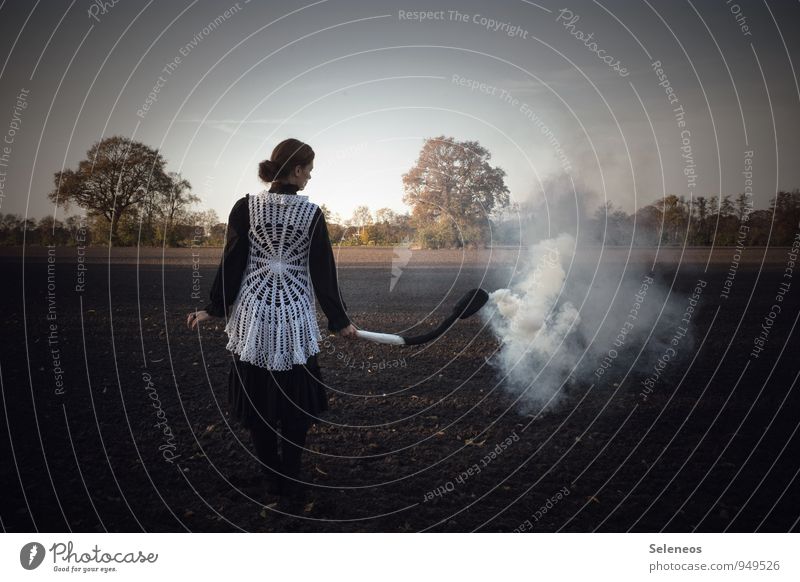 scorched earth Agriculture Forestry Human being Woman Adults 1 Environment Nature Landscape Horizon Autumn Field Match Transience Blaze Smoke Burn Colour photo