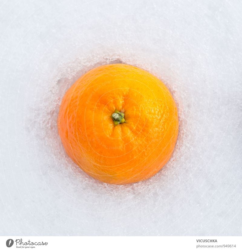 Mandarin in the snow Food Fruit Orange Dessert Nutrition Design Leisure and hobbies Winter Garden Nature Ice Frost Snow Yellow Background picture Vitamin