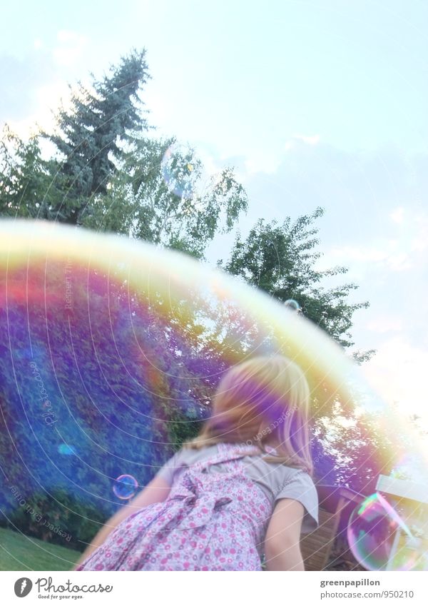 bubble race Joy Happy Leisure and hobbies Playing Summer Child Toddler Girl Family & Relations Spring Weather Dress Mirror Catch Soap bubble Blow Bubble Rainbow