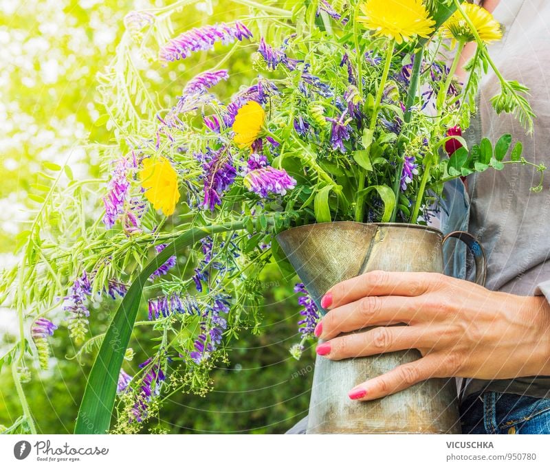 Wild summer flowers in the old jug in your hand Lifestyle Leisure and hobbies Summer Garden Decoration Human being Woman Adults Hand Nature Plant Sunlight