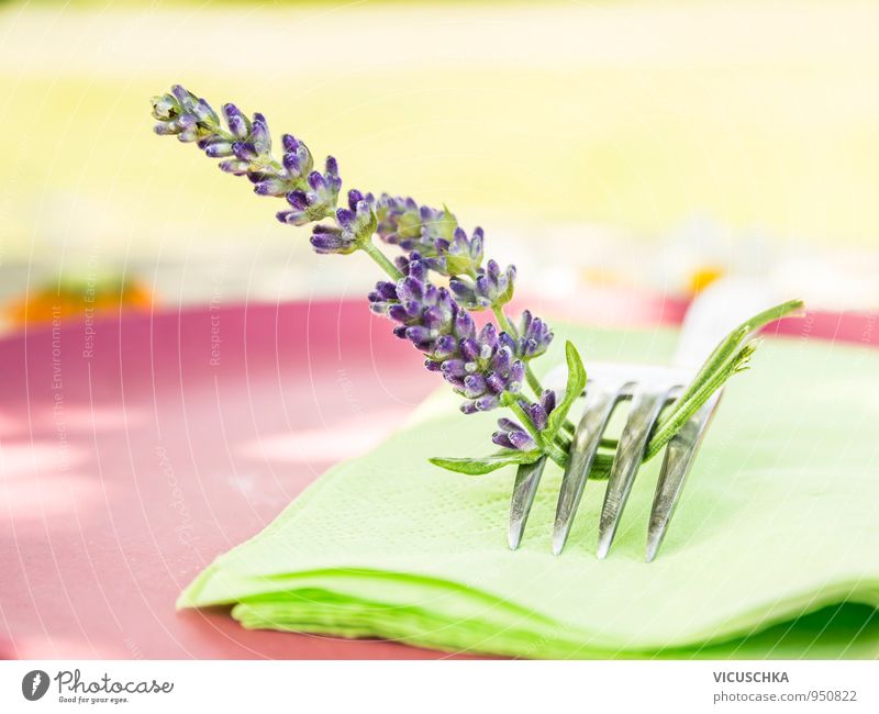 Fork with lavender flowers on green napkin Nutrition Lunch Banquet Elegant Style Design Leisure and hobbies Summer Flat (apartment) Decoration Kitchen Event