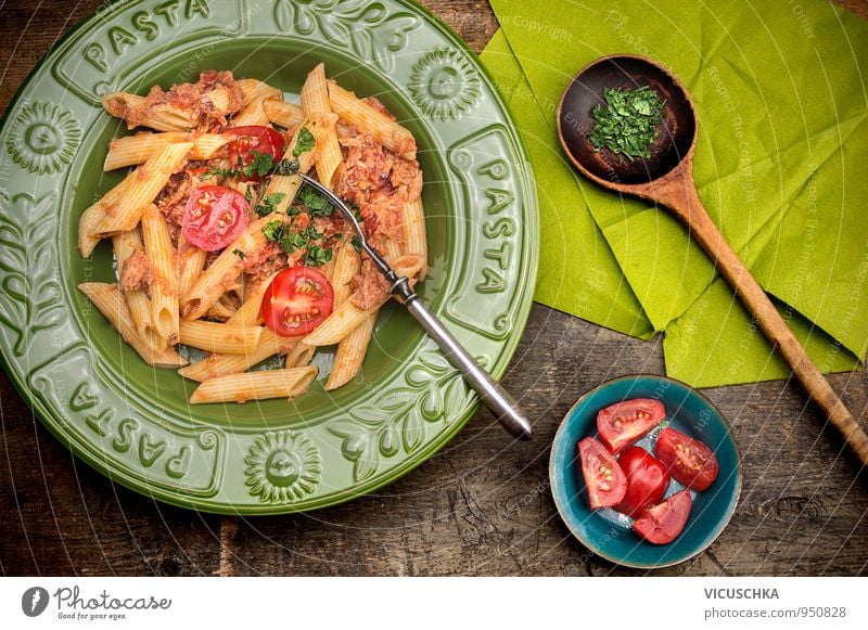 Penne pasta with tuna sauce and tomatoes. Food Vegetable Lunch Banquet Organic produce Vegetarian diet Diet Italian Food Plate Bowl Fork Spoon Design