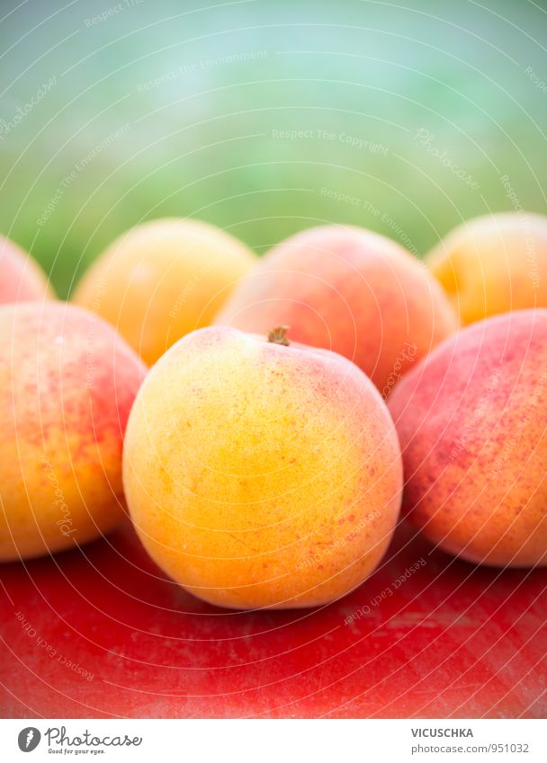 Apricots on red table in garden Food Fruit Lifestyle Healthy Eating Summer Garden Nature Yellow Green Red Table Mature Harvest Exterior shot Colour photo