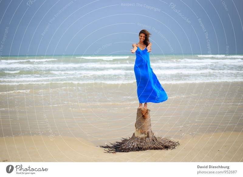 . Vacation & Travel Feminine Body 1 Human being Landscape Sky Horizon Summer Beautiful weather Wind Coast Beach Bay Ocean Island Brunette Curl Blue Brown Yellow