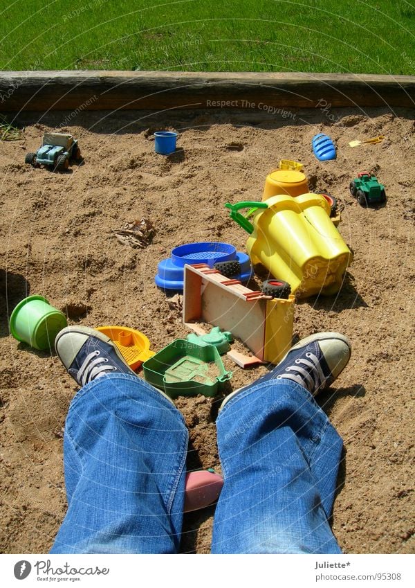 sandbox chaos Green Sandpit Playing Child Grass Meadow Summer Blue Jeans Joy Colour