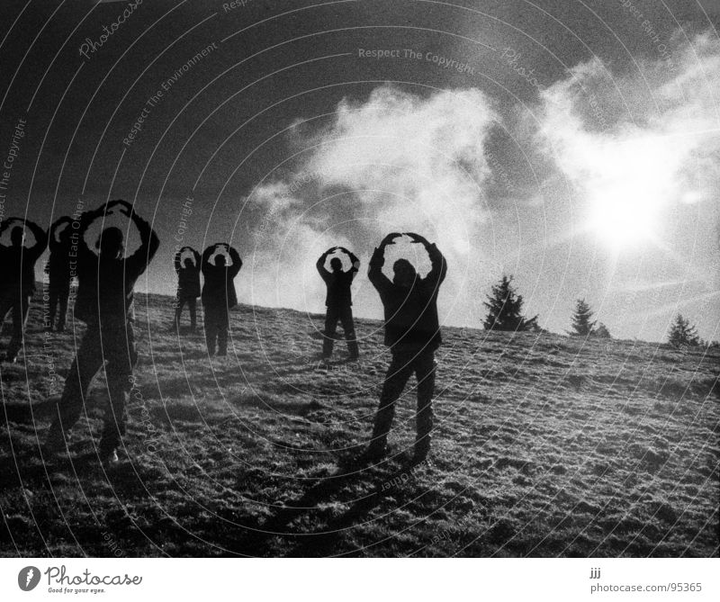 first contact Tree Meadow Hill Treetop Encounter Emerge Pantomimist Circle Imitate Black & white photo Group Peace Human being Shadow Peaceful Dialog partner
