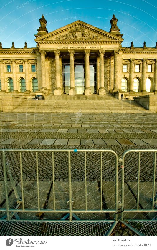 ban mile Berlin Capital city Seat of government Government Palace Reichstag Landmark Wide angle Copy Space Earth Ground Barrier Closed Hurdle Portal Frontal