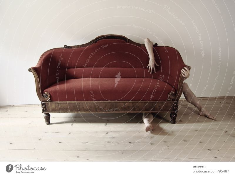Hello Furniture Sofa Human being Arm Hand Legs Feet 1 Crouch Sit Naked Red Hide Withdraw Colour photo Subdued colour Interior shot Day Shadow Contrast Long shot