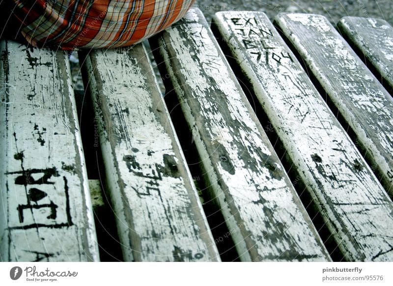 bank stories Crouch Pattern Carving White Gray Corner Transience Boredom Sit Bench Wooden board Hind quarters initials nostalgia Orange Old scribbled Checkered