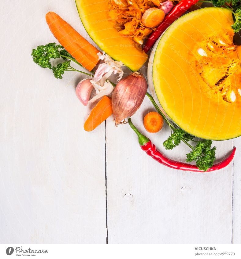 Pumpkin soup ingredients on white wooden table Food Vegetable Soup Stew Herbs and spices Nutrition Lunch Organic produce Vegetarian diet Diet Style Design
