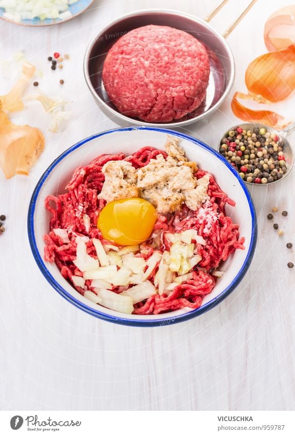 Ingredients for meat meatballs on white wood background Food Meat Vegetable Herbs and spices Nutrition Lunch Dinner Organic produce Diet Crockery Bowl Pan Style