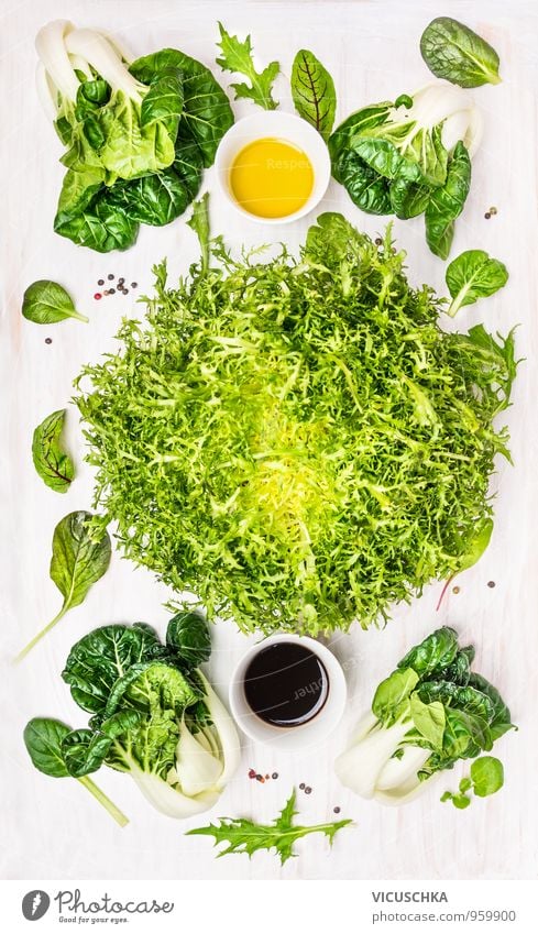 Green salad composition with wild herbs, Bok Choy, dressing Food Vegetable Lettuce Salad Herbs and spices Cooking oil Nutrition Lunch Dinner Banquet Picnic
