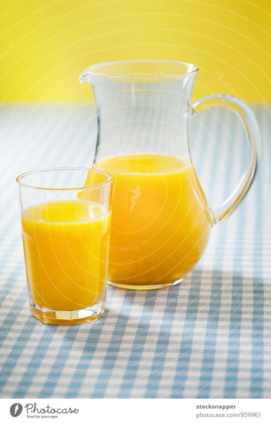 Juice Glass Glass pitcher Jug Orange Beverage Fresh Fluid Liquid Fruit Fruity Checkered Tablecloth Object photography Deserted Orange juice