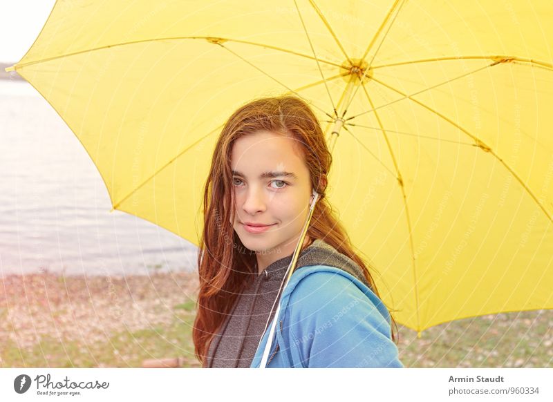 Portrait - Umbrella - Yellow Lifestyle Joy Human being Feminine Youth (Young adults) 1 13 - 18 years Child Landscape Autumn Weather Bad weather Rain River bank