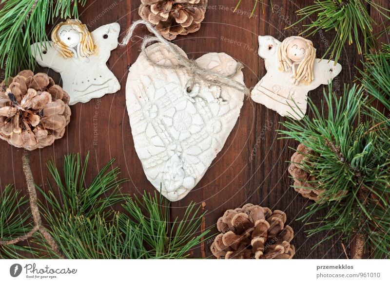 Christmas decoration Lifestyle Decoration Wood Ornament Heart Angel Authentic Uniqueness Natural Brown Green Tradition December Home-made Horizontal