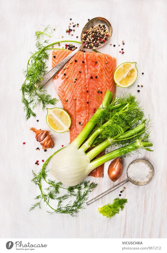 raw salmon fillet , fennel , dill, lemon and onion Food Fish Vegetable Herbs and spices Nutrition Lunch Dinner Organic produce Vegetarian diet Diet Lifestyle