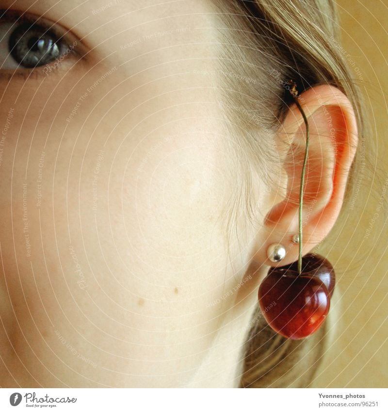 cherry eye Summer Cherry Jewellery Strand of hair Red Yellow Sweet Delicious Woman Square Style Youth (Young adults) Fruit Eyes Ear Earring Hair and hairstyles