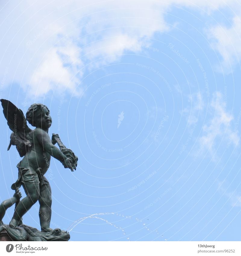 Angle of view II Statue Sculpture Well Leipzig Augustus square Saxony Neo baroque Jewellery Art Angel Summer Hope Heavenly Goodness Fountain Jet of water Clouds