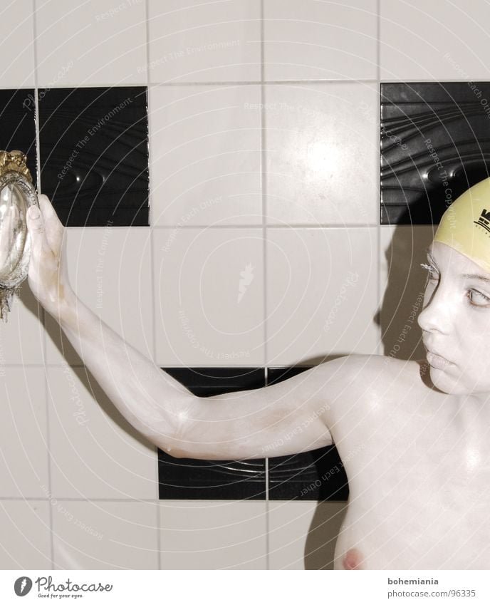 the other Bathroom Mirror Ancient Broken Yellow Nipple Red White Ambiguous Naked Grief Distress Woman Black & white photo Old bathing cap Exceptional Arm Search