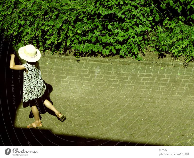 Dancing With Myself - I Shadow Summer Sun Garden Girl Foliage plant Lanes & trails Dress Hat Loneliness Sandal Cobblestones bush