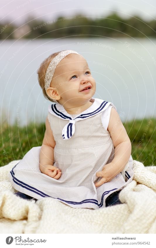 fortunate Feminine Child Baby Toddler Girl Infancy 1 Human being 0 - 12 months 1 - 3 years Nature Lakeside River bank Clothing Dress Bow Blonde Ceiling Observe