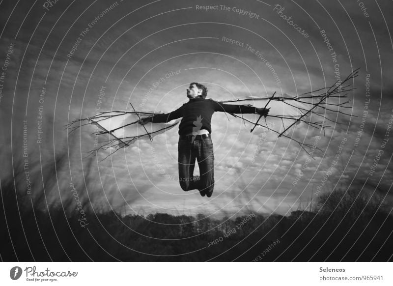 high up Human being Masculine Man Adults 1 Clouds Horizon Autumn Flying Dream Fantastic Willpower Brave Wing Black & white photo Exterior shot Full-length