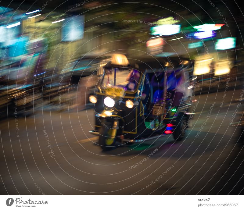 Tuk Tuk Town Means of transport Street Tuc-Tuc Speed Exotic Tourism Logistics Thailand Asia Bangkok Taxi Exterior shot Night Motion blur