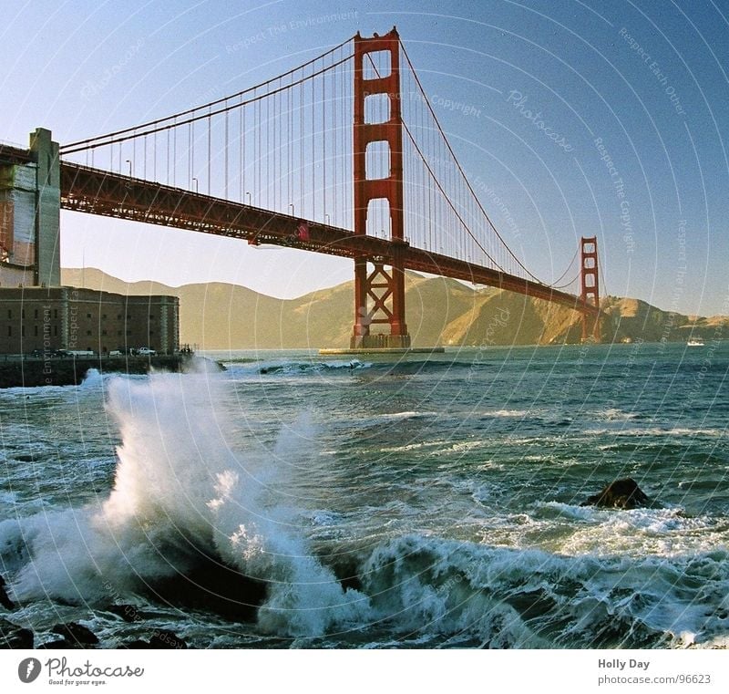 Waves at the Golden Gate Golden Gate Bridge Red Steel Swell Ocean San Francisco Foam Surfer Coast Dream Suspension bridge Blue sky USA