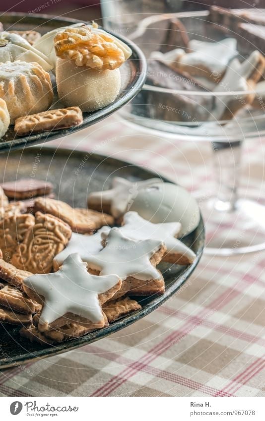 biscuits Dough Baked goods Candy Crockery Delicious Sweet Star cinnamon biscuit Christmas biscuit Tablecloth Checkered Etagere Colour photo Interior shot