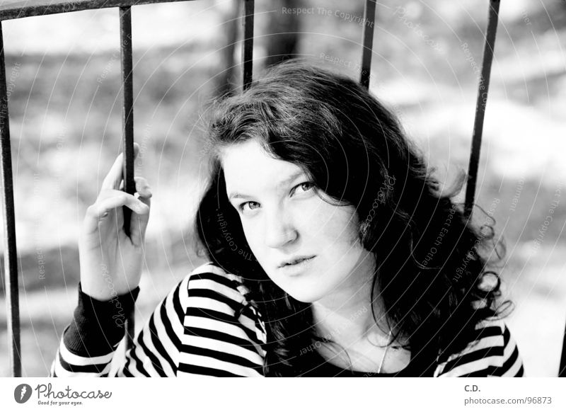 spring Black White Rostock Warnemünde April Woman Hand Striped Grating Balcony Think Youth (Young adults) Emotions Black & white photo caroline Curl Nature Eyes