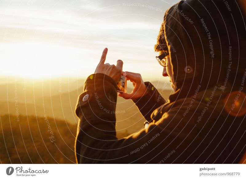 young woman takes photo of sunset Life Harmonious Well-being Relaxation Calm Human being Feminine Young woman Youth (Young adults) Woman Adults 1 Nature