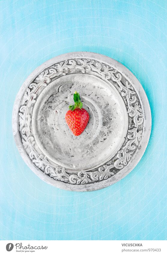 Half strawberry on silver plate and blue background Food Fruit Dessert Nutrition Organic produce Vegetarian diet Diet Plate Style Design Leisure and hobbies