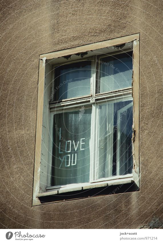 I love you glued on glass pane Typography Friedrichshain Window Word Love Positive Retro Gloomy Infatuation Romance English Declaration of love With love