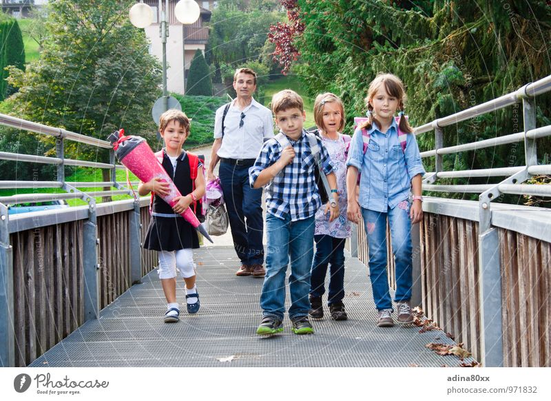 School children, first day of school Parenting Education Student Child Father Adults Family & Relations Friendship Walking Study Optimism Responsibility
