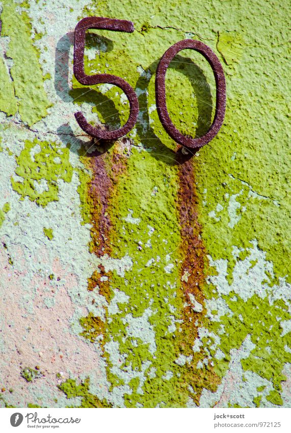 50 happy maturity Arts and crafts Wall (barrier) Wall (building) Plaster Metal Rust Simple Retro Green Honor Inspiration Transience The fifties Weathered