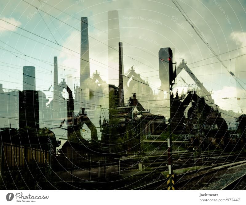 Steel and Stelle Energy crisis Steel factory World heritage Clouds Völklingen Factory Chimney Exceptional Dark Historic Irritation Time Double exposure Illusion