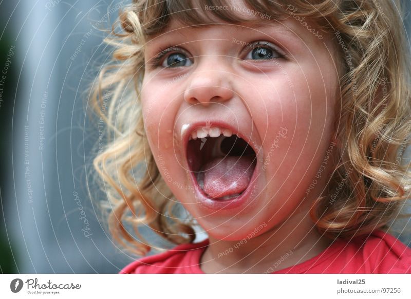 the little big enthusiasm Colour photo Exterior shot Portrait photograph Looking Dessert Dinner Joy Toddler Girl Mouth Blonde Curl Scream Small Day